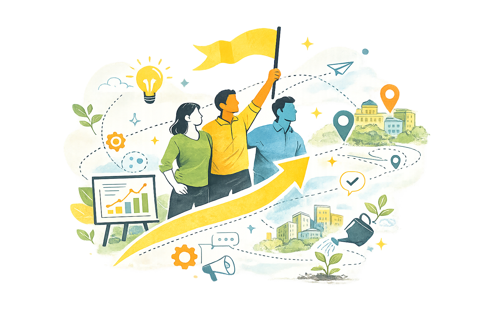 Ilustrație cu cetățeni care colaborează în jurul unui plan urban
